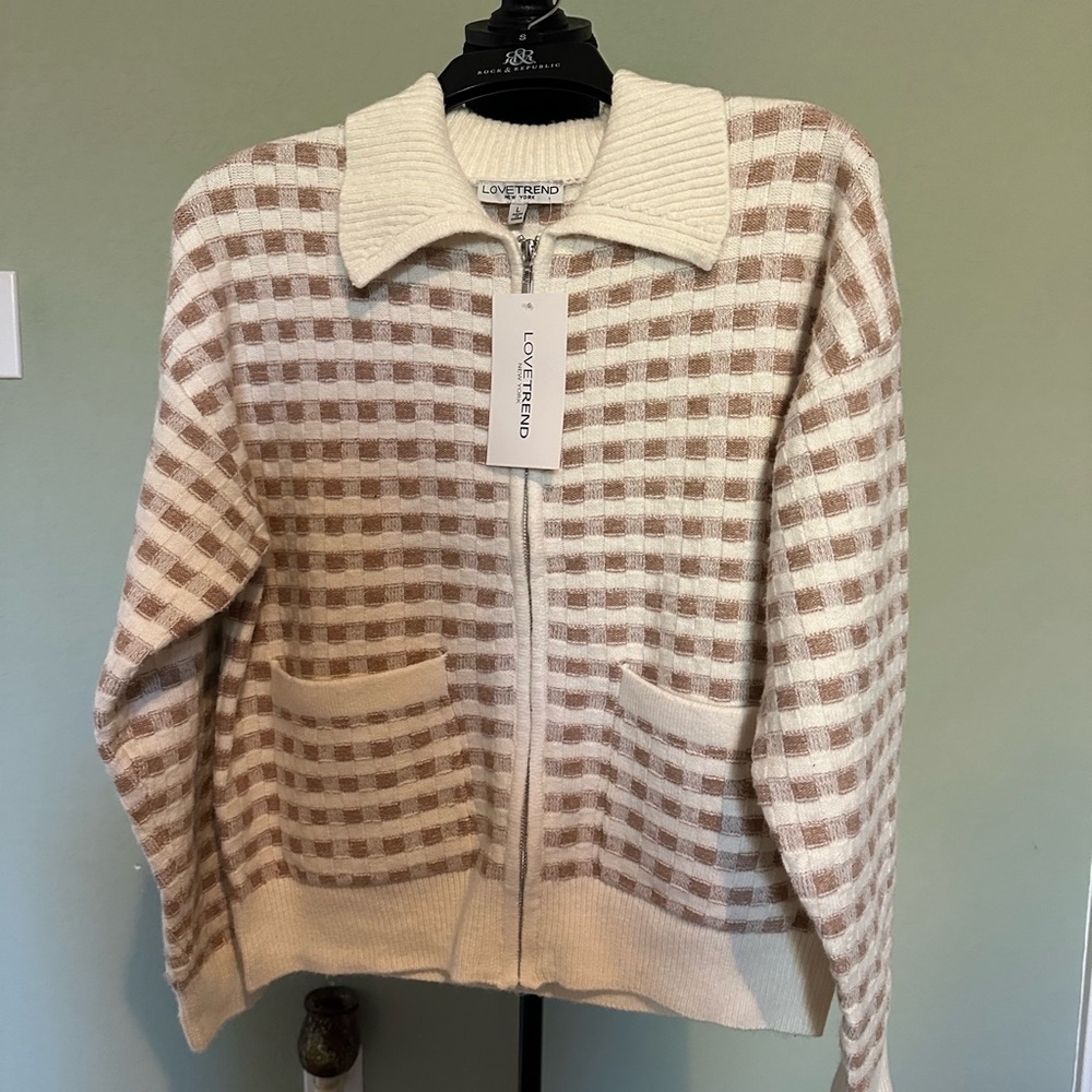 Lovetrend Checkered Zip-Up Sweater. Check Knitted‎ Bomber Jacket. Size Large NWT